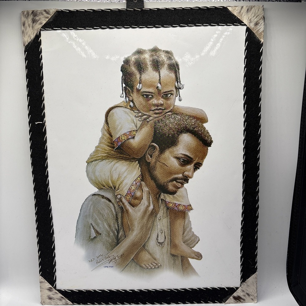 Ethiopian Pic. 13"x17" Handmade Leather Frame Wall Hanging "Long Trip"Adis Gebru